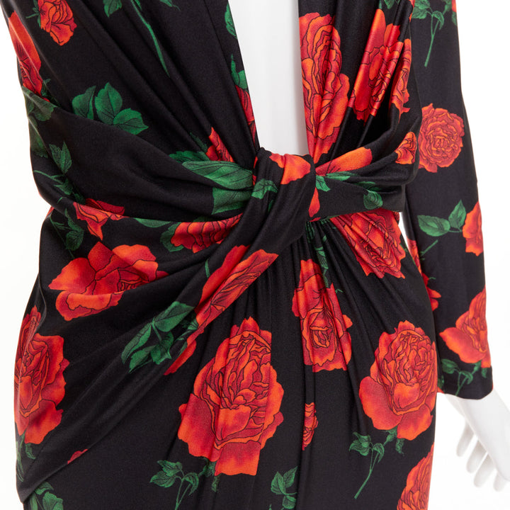 SAINT LAURENT 2022 Runway twist plunging black red rose floral jersey catsuit S