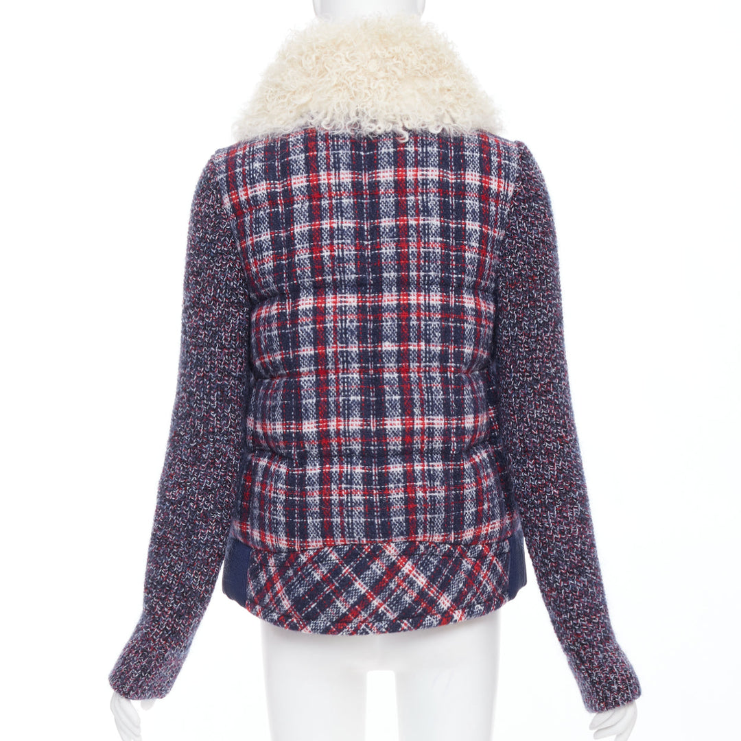 MONCLER GRENOBLE Runway Soleil red blue tweed fur collar down puffer Sz.0 XS