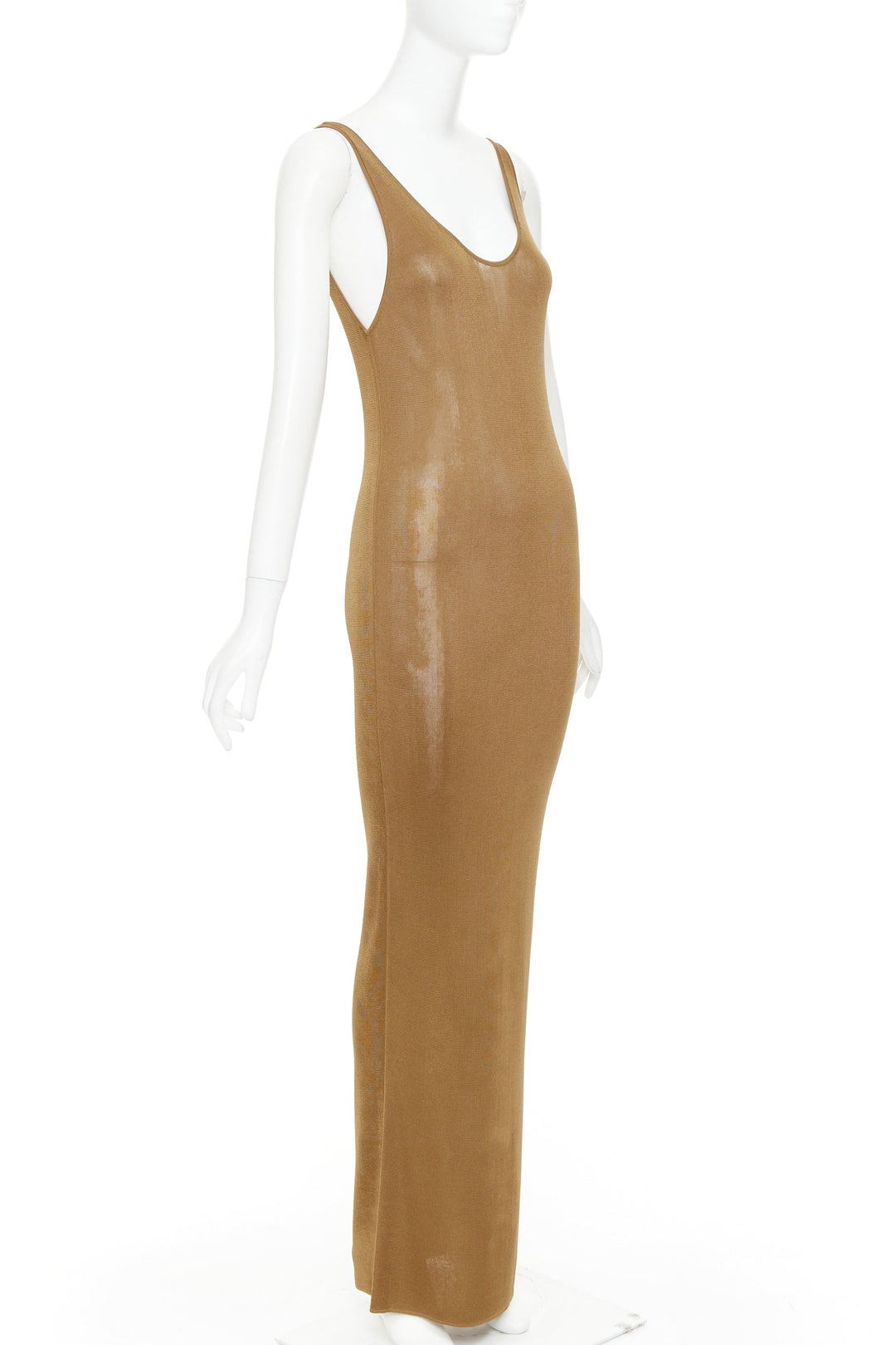 SAINT LAURENT 2022 brown slinky scoop neck sheer knit maxi dress XS