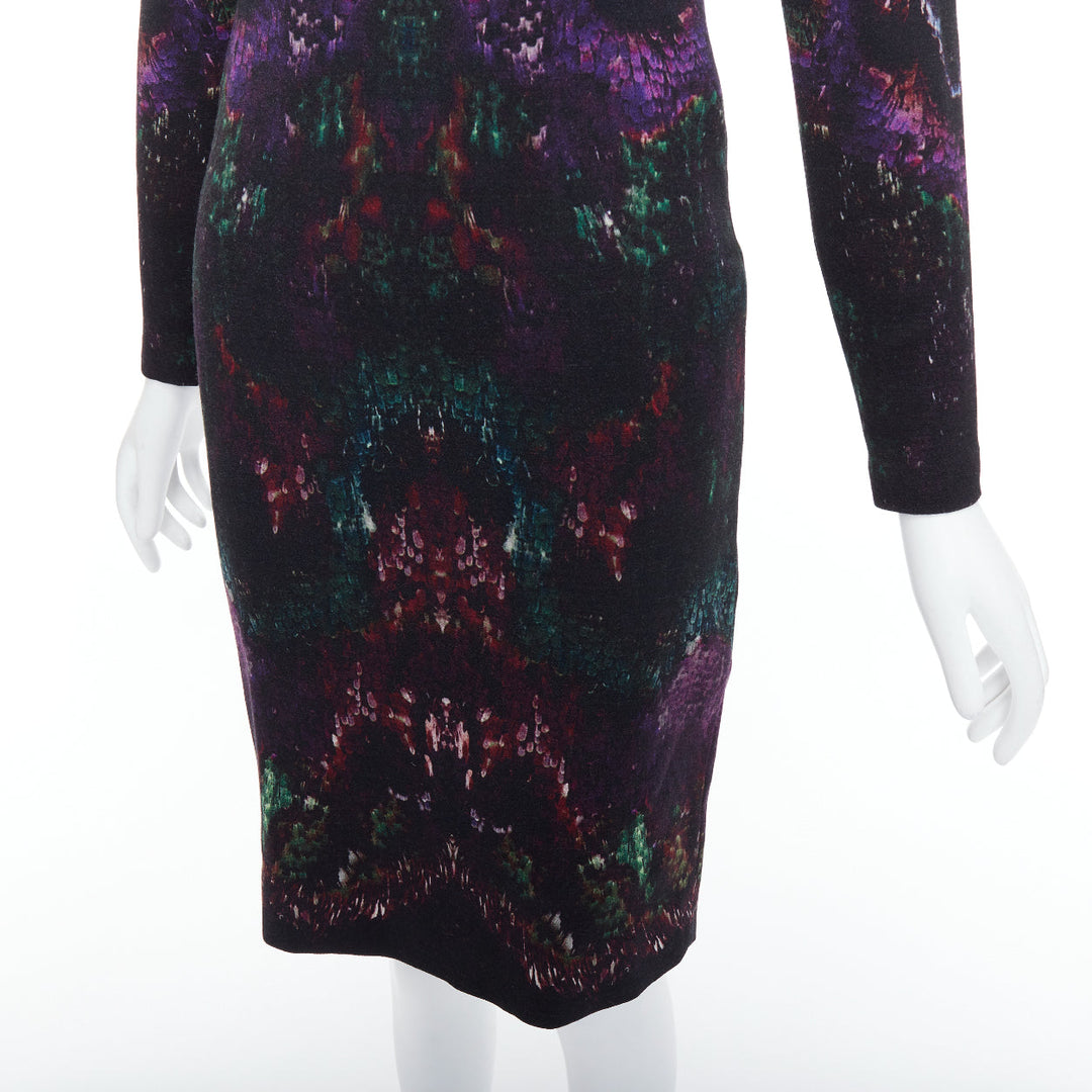 ALEXANDER MCQUEEN 2014 black purple wool feather print sheath dress IT38 XS