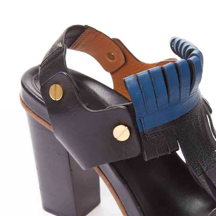 CHLOE black blue fringe detail gold nail grommet block heel sandal EU37