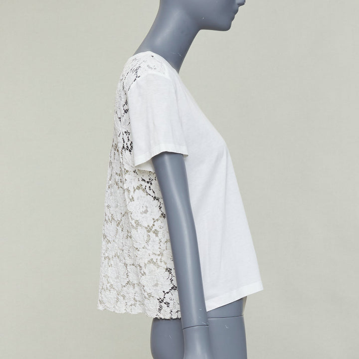 VALENTINO cream cotton intricate lace back sheer hi low tshirt S