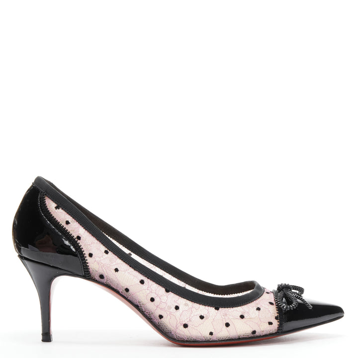 CHRISITIAN LOUBOUTIN Souris 70 pink lace polka dot bow kitten heel EU37.5