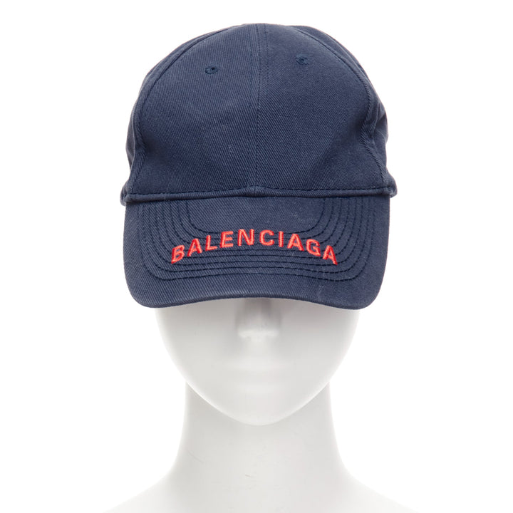 BALENCIAGA navy blue cotton red embroidered logo baseball cap L
