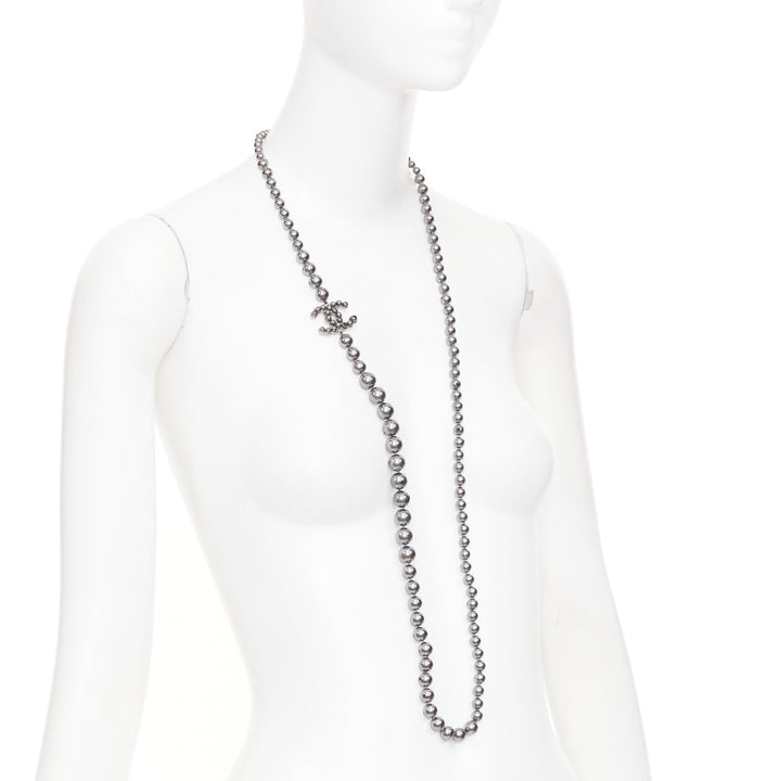 CHANEL B15P CC grey ruthenium metallic glass pearl long strand sautoir necklace