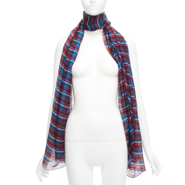 HERMES blue red checkered cashmere silk long wrap rectangular scarf