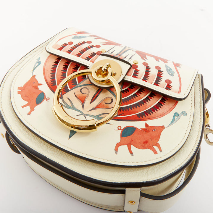 rare CHLOE 2019 Tess SMall Lunar New Year pig print white leather shoulder bag