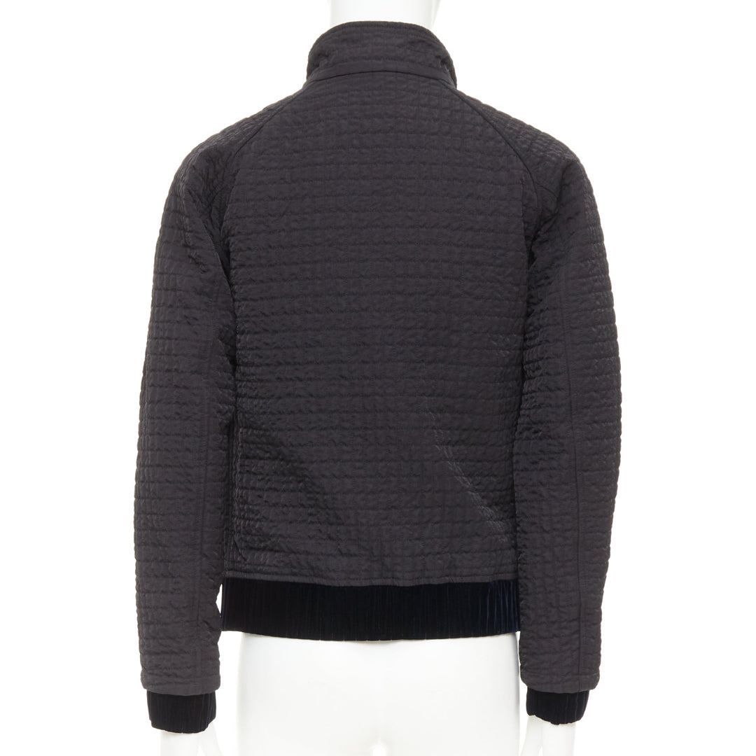 GIORGIO ARMANI black fine grid quilted nylon velvet trim zip up jacket IT46 S