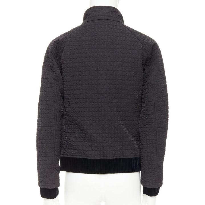 GIORGIO ARMANI black fine grid quilted nylon velvet trim zip up jacket IT46 S