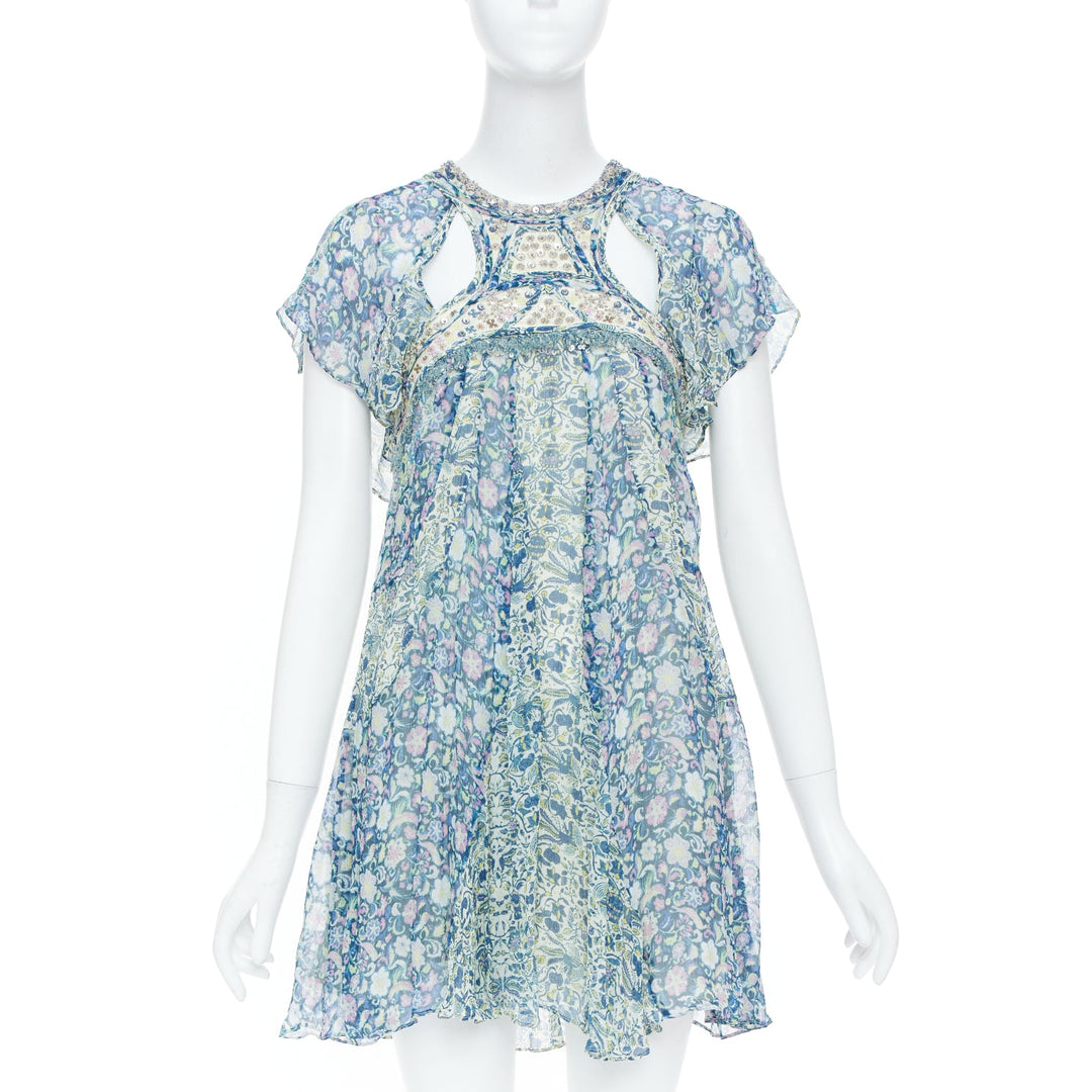 ISABEL MARANT 2023 Runway Odile cutout bead floral print silk dress FR36 S
