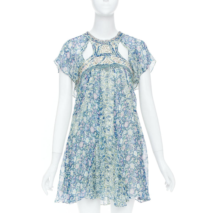 ISABEL MARANT 2023 Runway Odile cutout bead floral print silk dress FR36 S