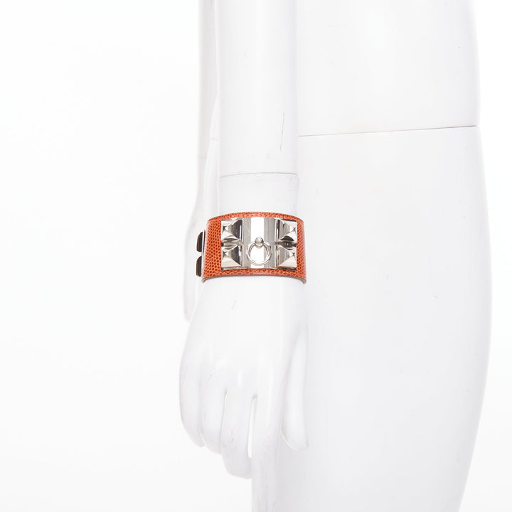 HERMES Collier de Chien tan brown salvage lizard silver medor cuff bracelet