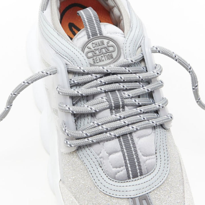 VERSACE Chain Reaction Reflective Silver Crystal Rhinestone sneaker EU41 US8