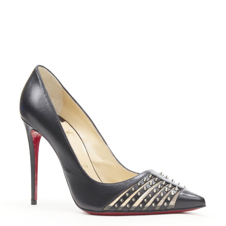 CHRISTIAN LOUBOUTIN Bereta 100 black spike stud mesh pointy pigalle EU38.5