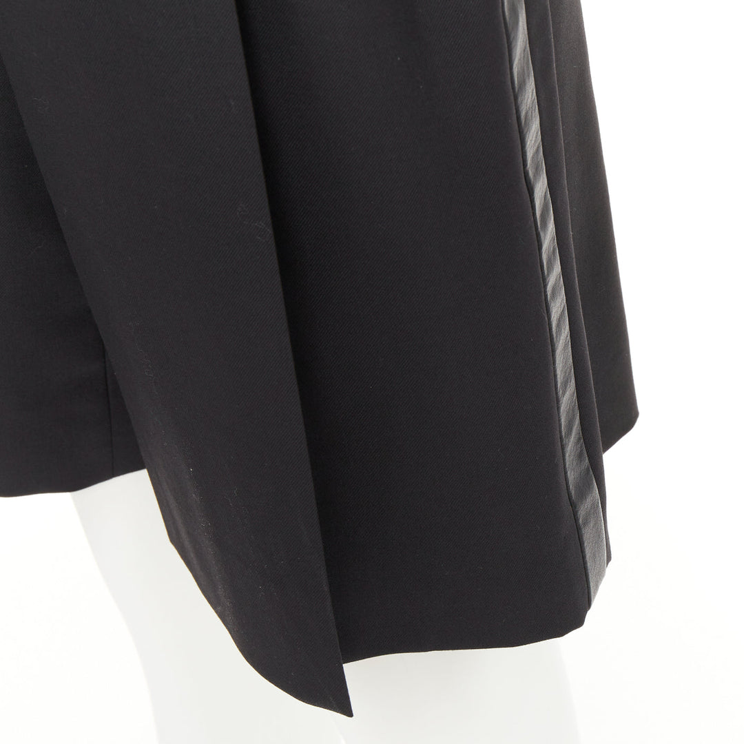 SAINT LAURENT 2012 black wool pleated high waist leather trim shorts FR36 S