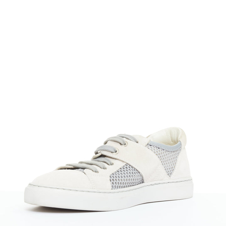 CHANEL 2015 grey mesh CC logo cream suede panelled sneakers EU36.5