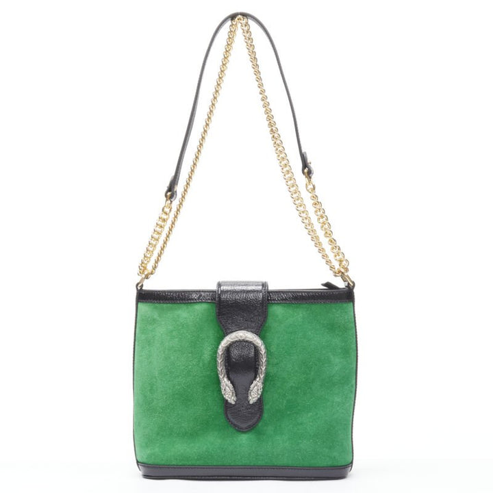 GUCCI Dionysus Kelly green suede black patent trimmed crossbody bucket bag