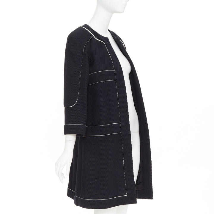 CHANEL 2015 Runway black cotton diagonal corded contrast satin piped coat FR36 S