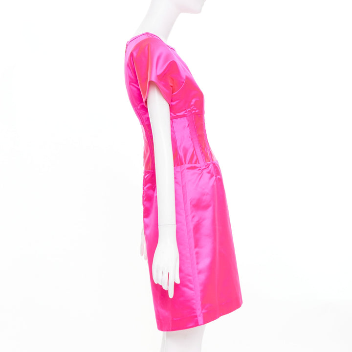 CELINE Vintage hot pink exposed boning satin flared cocktail mini dress FR38 M