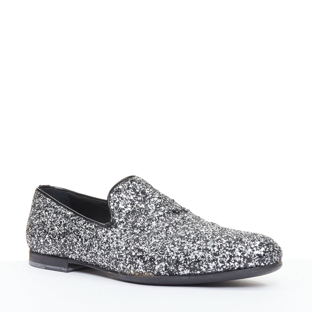 JIMMY CHOO Marlo silver coarse glitter almond toe mens evening loafer shoes EU43