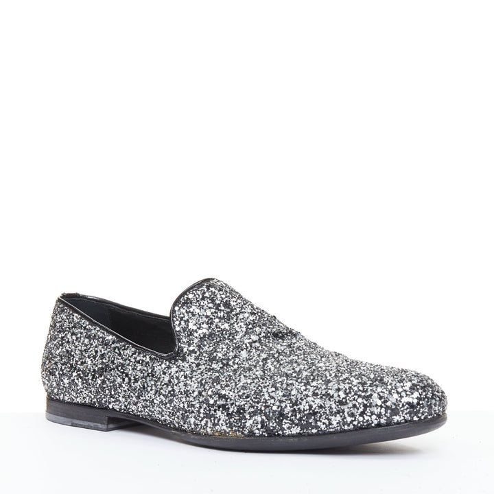 JIMMY CHOO Marlo silver coarse glitter almond toe mens evening loafer shoes EU43