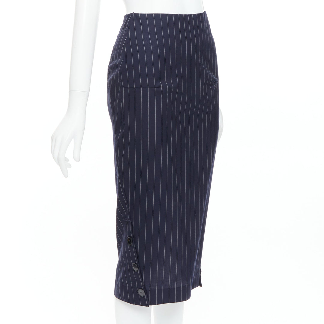 VICTORIA BECKHAM 100% wool navy pinstriped 2-way zip pencil skirt UK6 XS