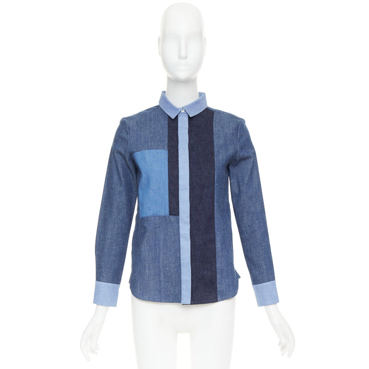 OLD CELINE Phoebe Philo 2011 Runway blue patchwork denim button-up shirt FR36 S