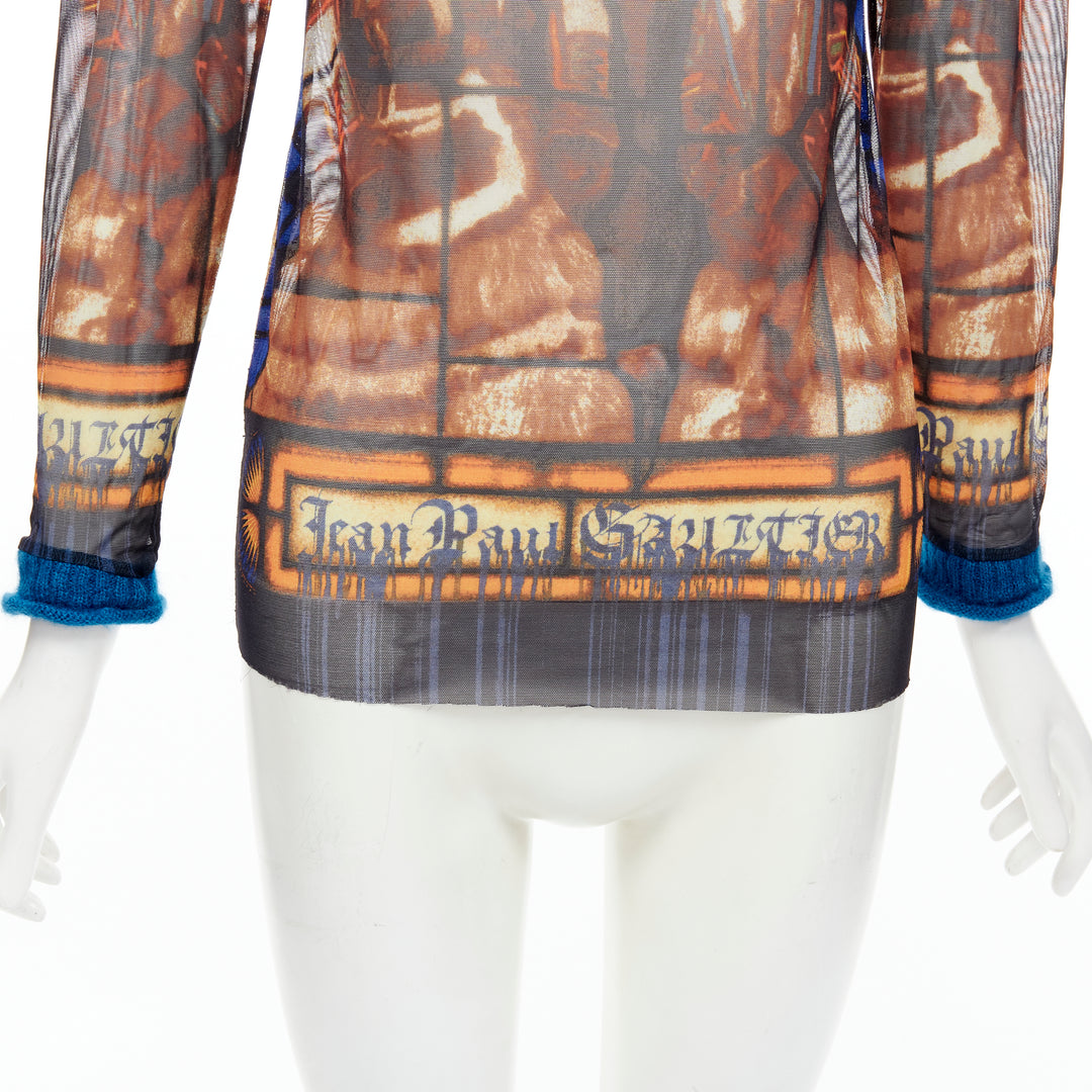 JEAN PAUL GAULTIER blue cathedral print gothic logo wool hooded top IT40 S