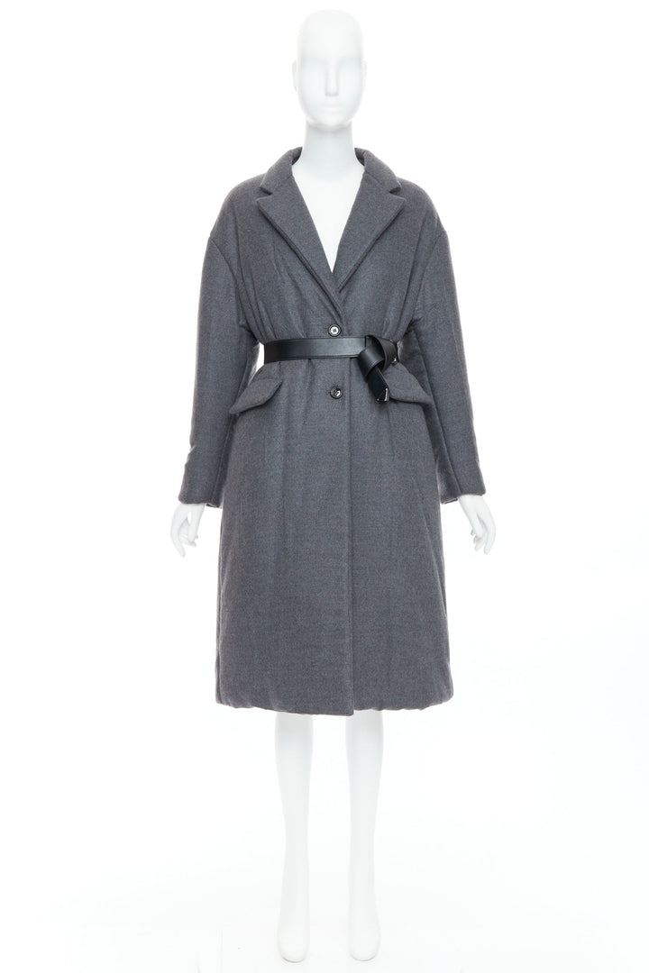 PRADA 2022 grey cashmere wool leather logo belt padded coat IT40 S