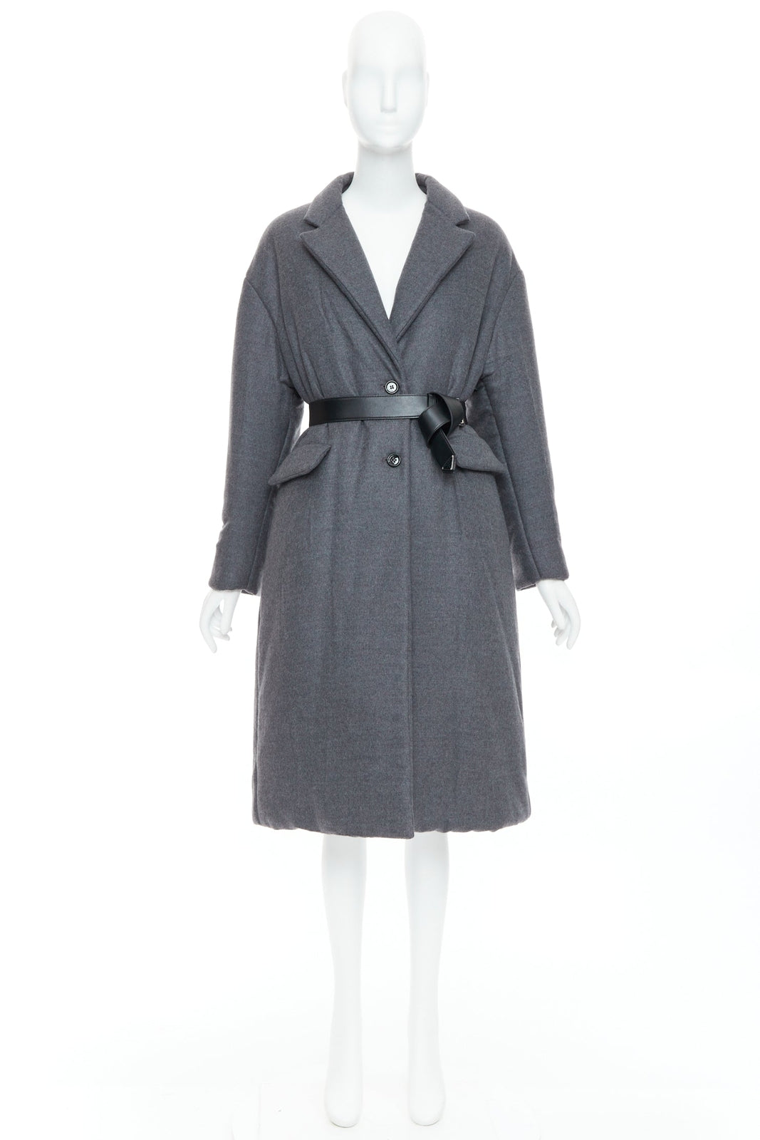 PRADA 2022 grey cashmere wool leather logo belt padded coat IT38 XS