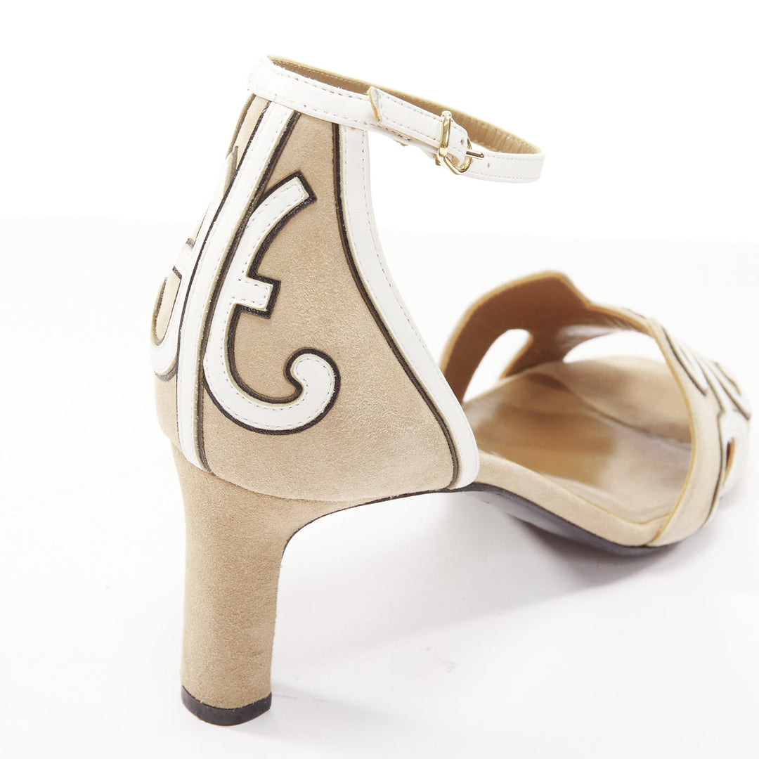 HERMES beige white suede ethnic cursive panels ankle sandals EU35.5