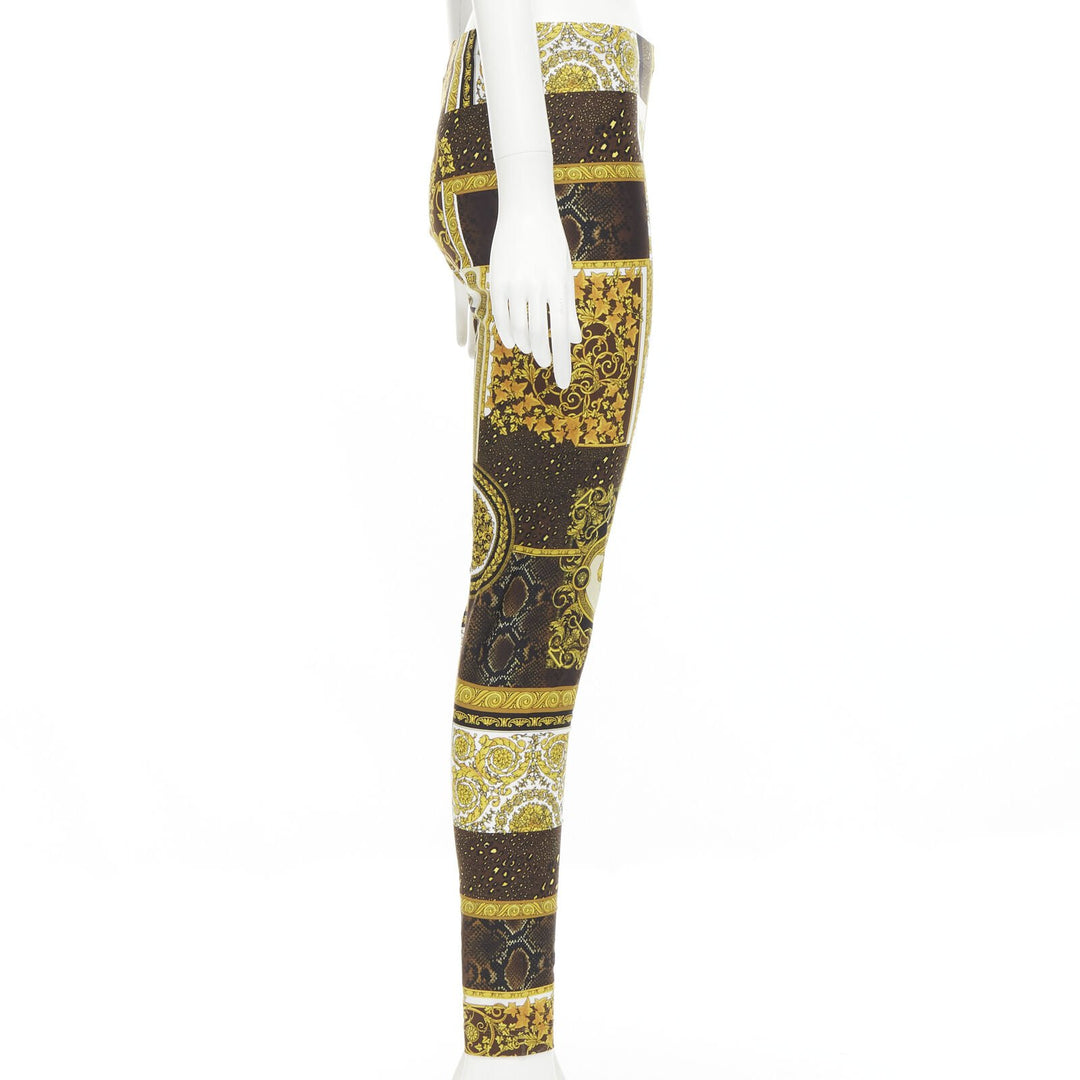 VERSACE Mosaic Barocco black gold brown scaled stretchy leggings S IT40