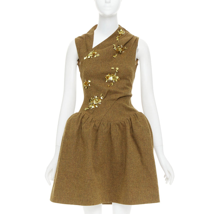 rare SHUSHU TONG Backless brown wool gold sequin fit flare dress UK6 XS