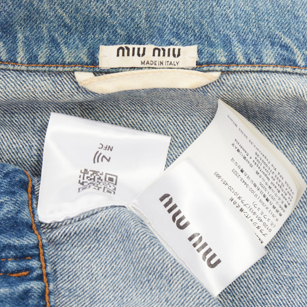 MIU MIU 2020 blue washed denim hand painted daisy floral cropped jacket IT36 XXS