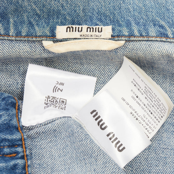 MIU MIU 2020 blue washed denim hand painted daisy floral cropped jacket IT36 XXS