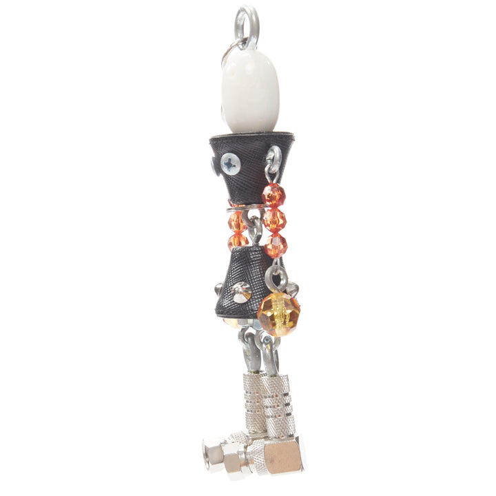 PRADA pearl resin head beaded arms saffiano bolt hardware keychain bag charm