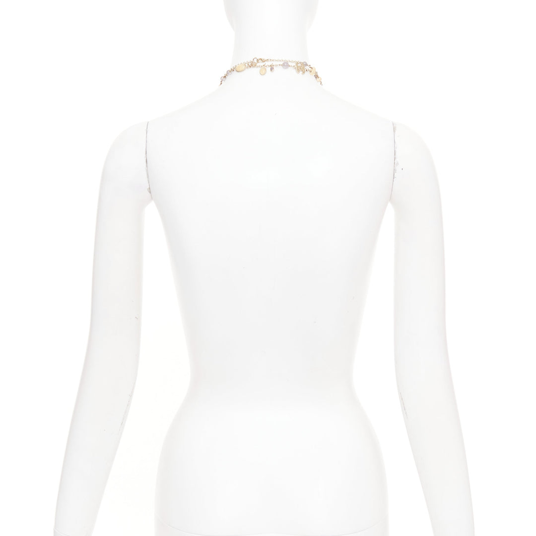 CHANEL B12C beige grey CC logo resin crystal gold chain sautoir long necklace