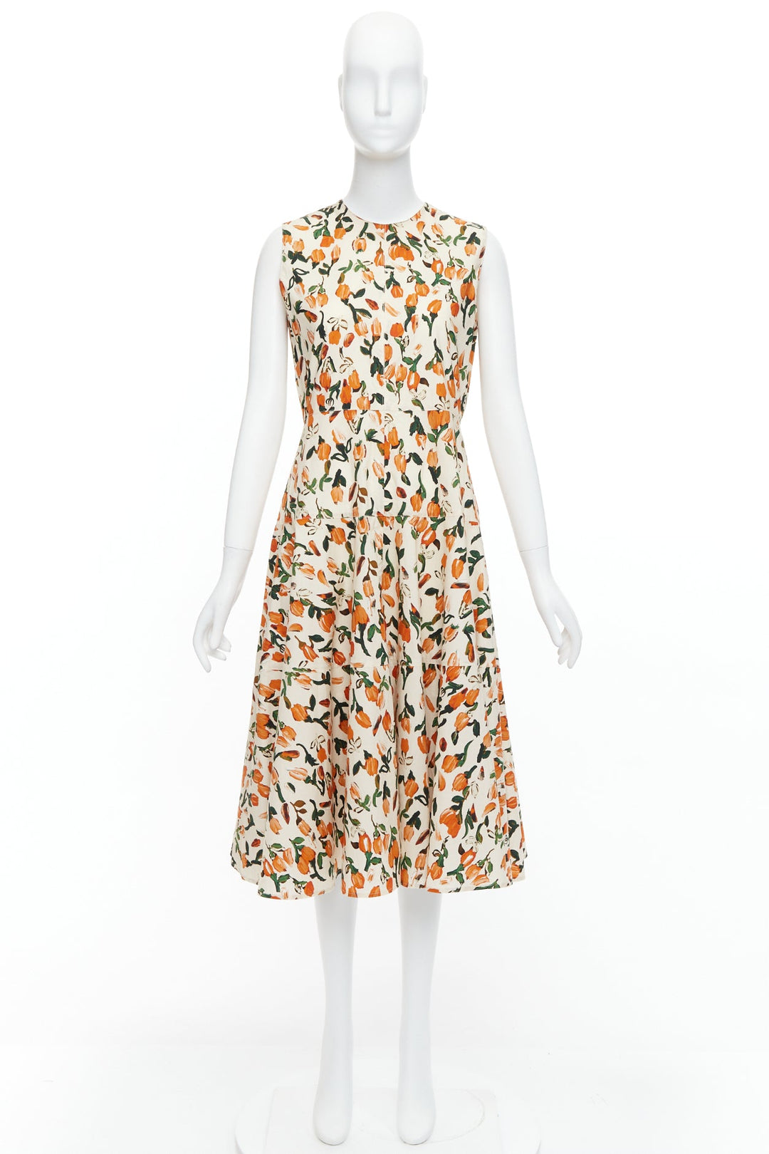 MARNI orange cream cotton tulip floral print midi summer dress IT44 L