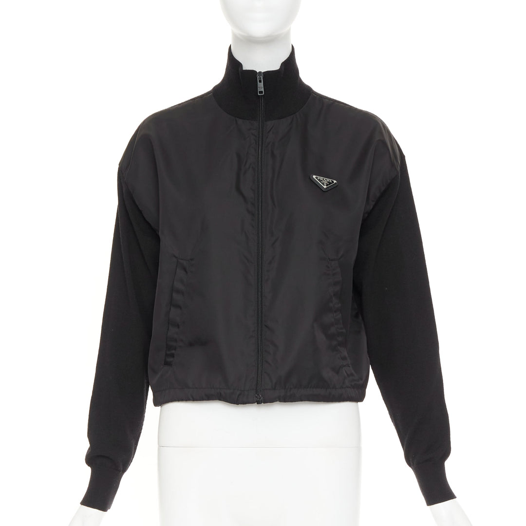 PRADA 2021 black Re Nylon wool silver plague logo high neck zip jacket IT38 XS