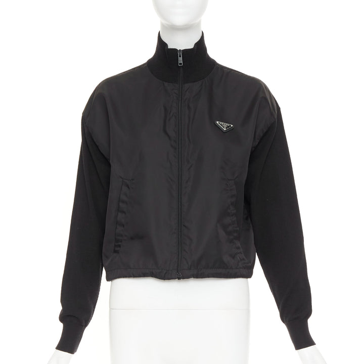 PRADA 2021 black Re Nylon wool silver plague logo high neck zip jacket IT38 XS