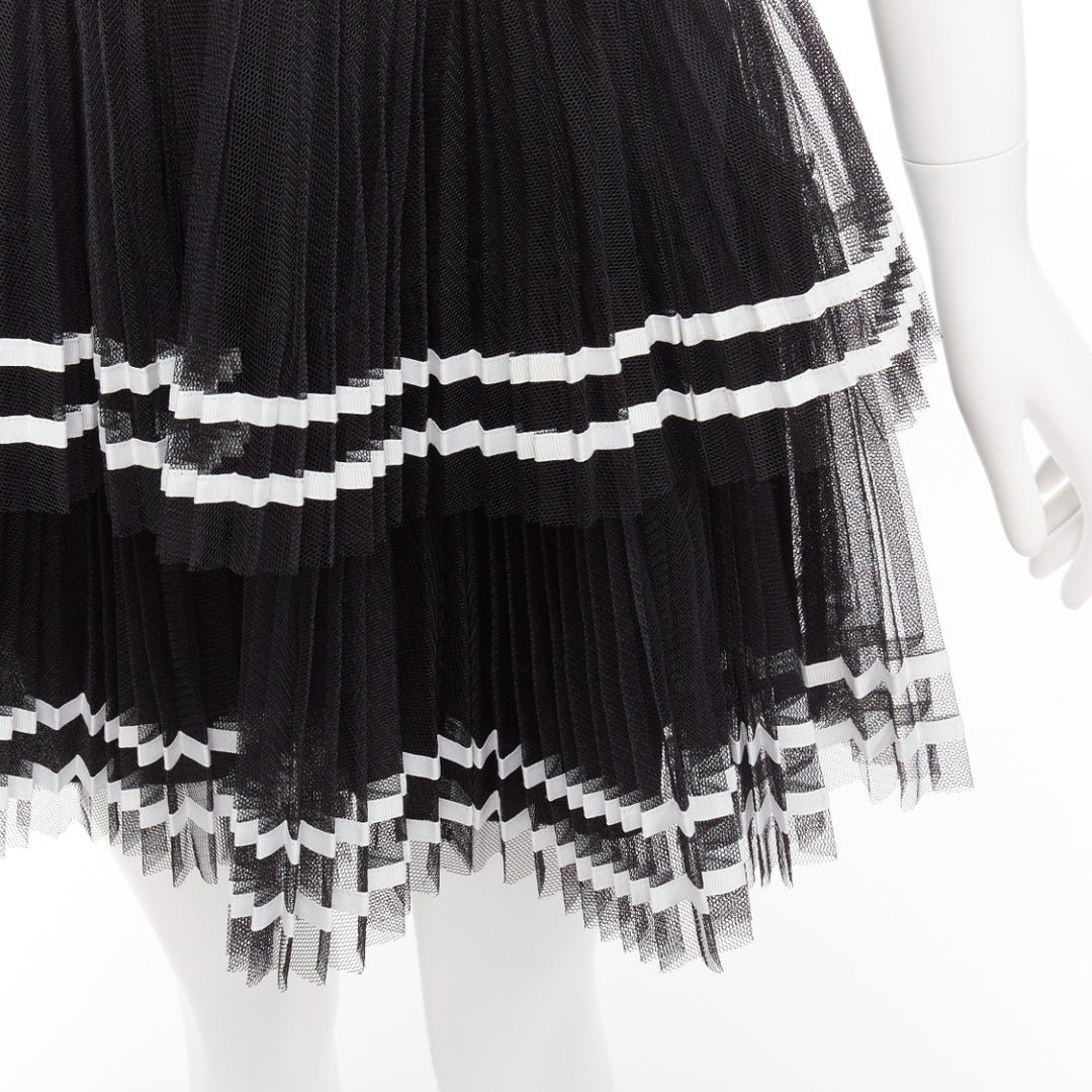 RED VALENTINO 2022 black tiered white stripe tulle pleated mini skirt IT38 XS