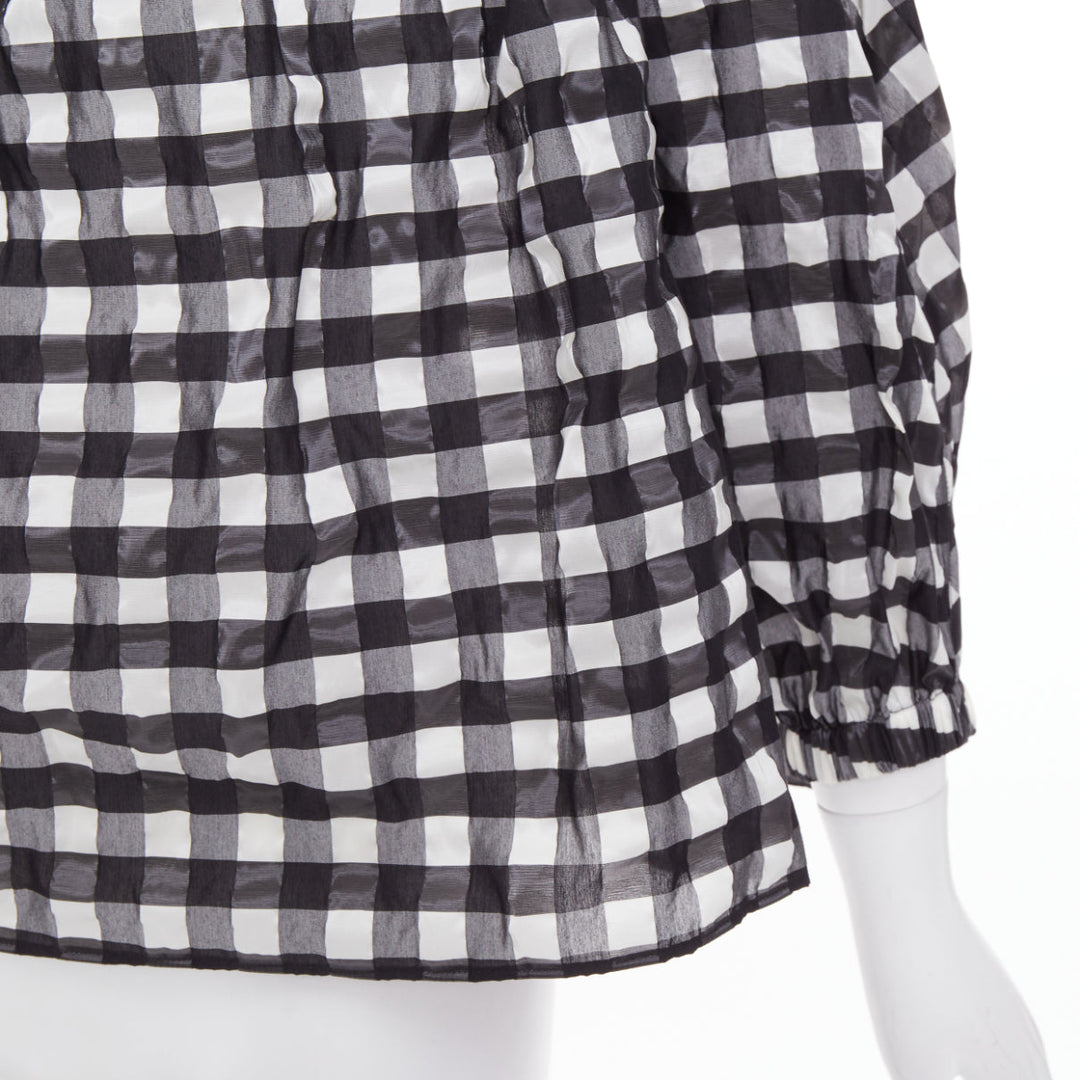 ALAIA black white checked gingham smocked neck asymmetric loose top FR36 S