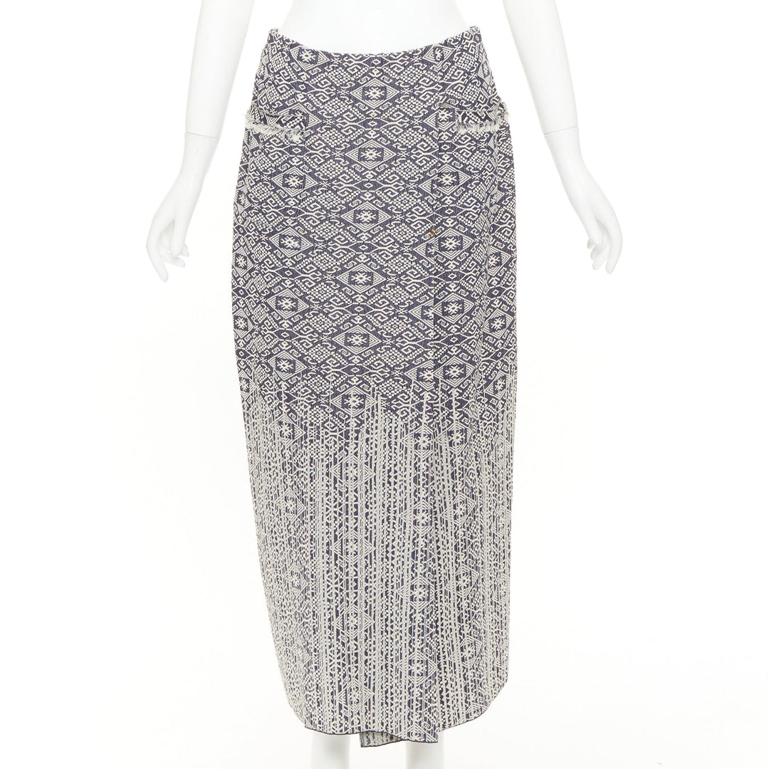 CHANEL 2014 blue cream CC geometric diamond jacquard frayed wrap skirt FR40 L