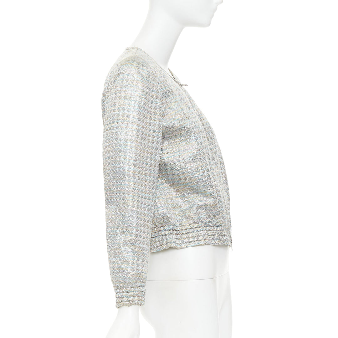 DRIES VAN NOTEN 2017 silver multicolor geometric jacquard crop jacket FR40 L