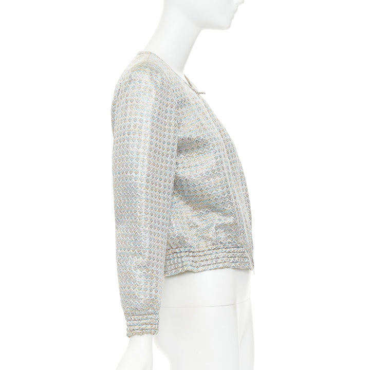 DRIES VAN NOTEN 2017 silver multicolor geometric jacquard crop jacket FR40 L