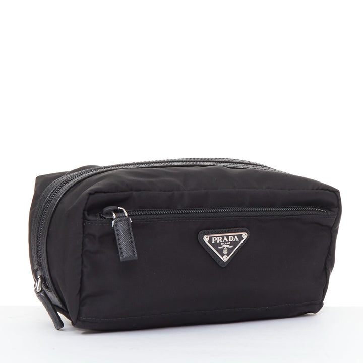 PRADA Re-Nylon saffiano leather  black silver triangle logo travel pouch case