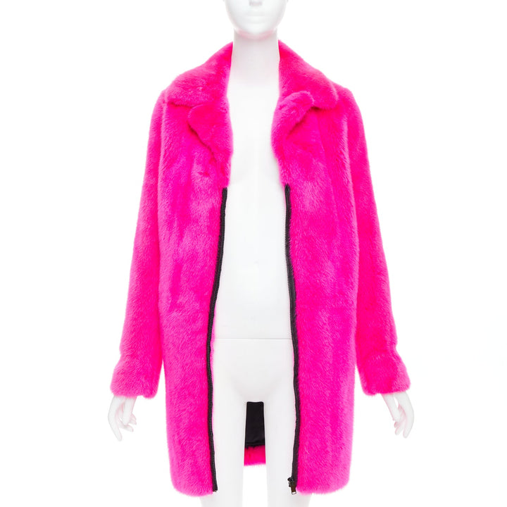 SAINT LAURENT 2015 hot pink mink fur black leather zip long coat FR38 M