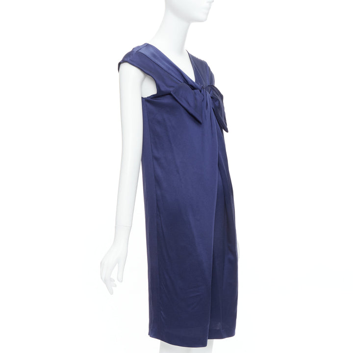 ALBERTA FERRETTI 100% silk navy bow detail cap sleeve V neck dress IT38 XS