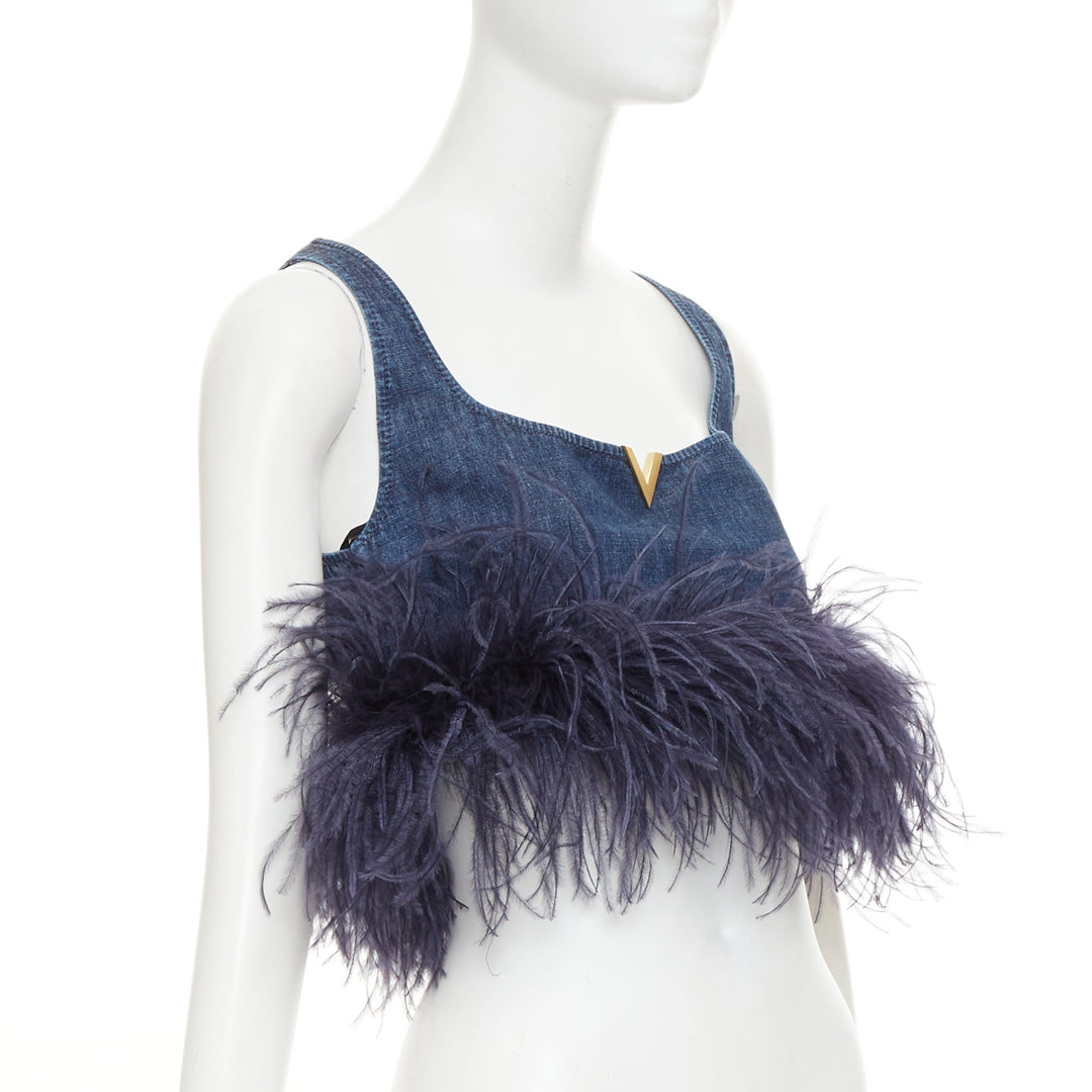 VALENTINO 2023 VGold blue denim purple turkey feather trimmed crop top IT38 XS