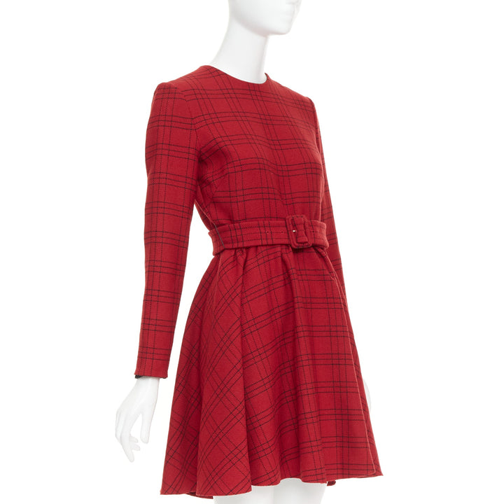 CHRISTIAN DIOR 2018 red plaid check virgin wool belted A-line dress FR36 S